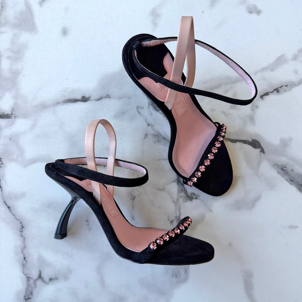 PIFERI Fantasia Black Suede Pink Crystal Ankle Strap Heels Size EU 35